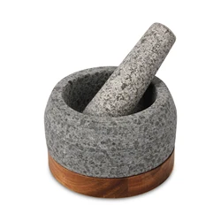 Cheap Wholesale Round White Grinding Herbs Spice Kitchen Natural Stone Granite Mortar and Pestle With Wood Base