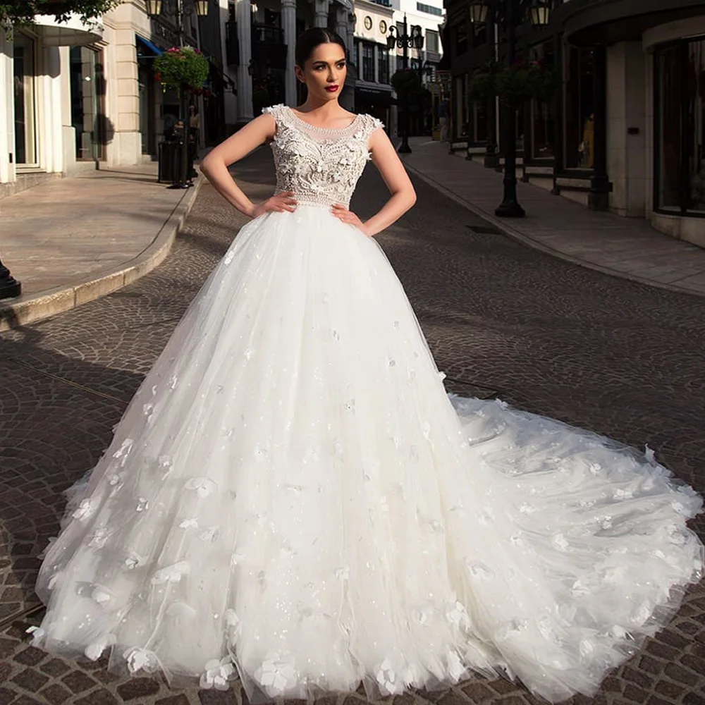 Flowers Ball Gown Wedding Dress With Picture Veil Suknia Slubna Buttons Up Back Full Pearls Body Tulle Dresses Robe De Mariage