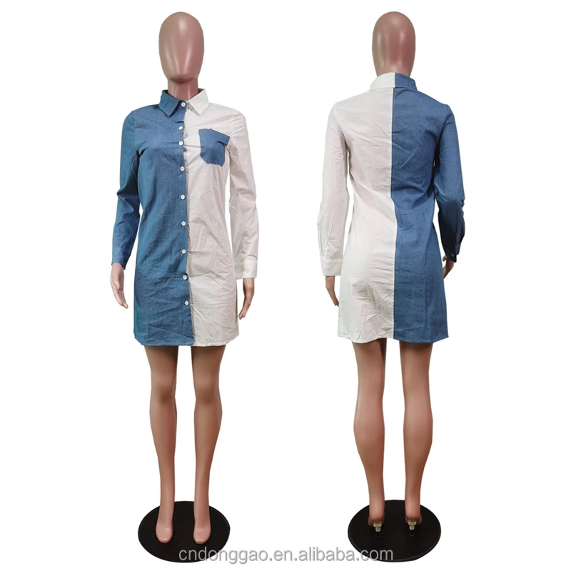 Women Color Block Dresses Wholesale Casual Long Sleeve Shirt Dress Women Fashion Patchwork Denim Skirt
