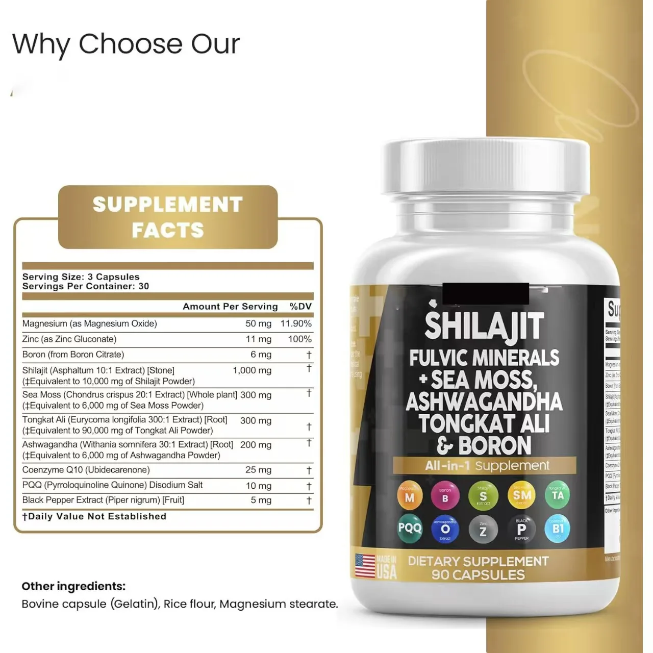 High Quality OEM/ODM Private Label Factory Supply 8 in 1 Shilajit Capsules With Sea Moss Ashwagandha Tongkat Ali Boron Magnesium