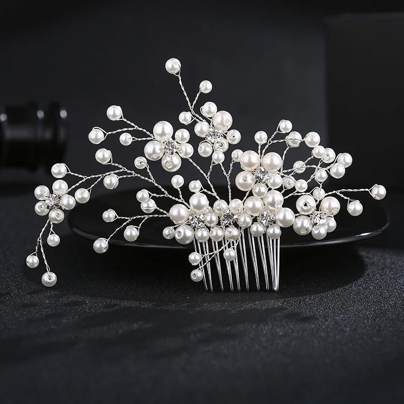 Hot Sale Handmade Wedding Accessories Headpiece Bridesmaid Fancy Pearl Silver Flower Insert Comb Bridal Hair Combs