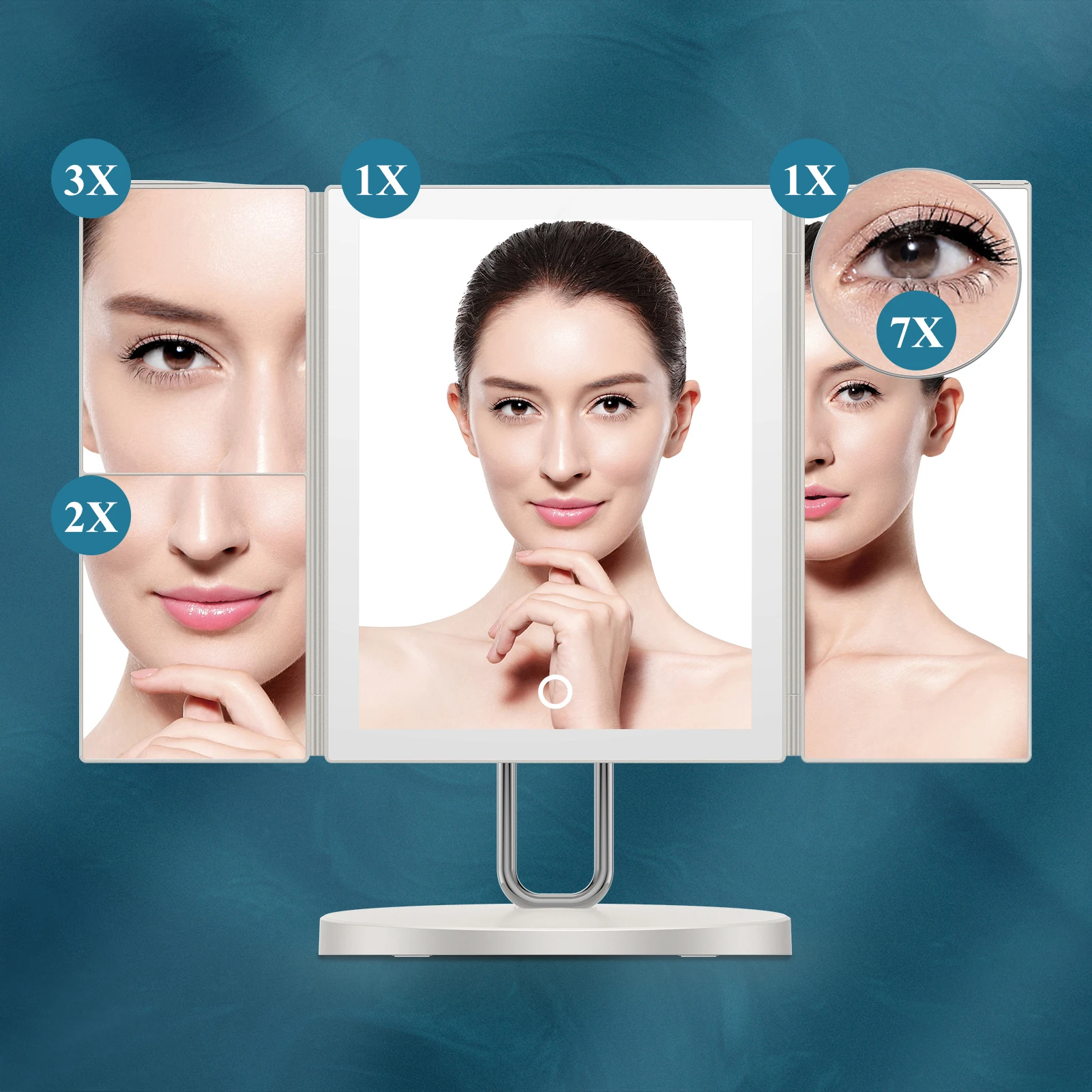 TOUCHBeauty 1X/3X/7X Magnification Standing Desktop Trifold Makeup Mirror LED light Up Cosmetic Mirror Rechargeable Table Mirror