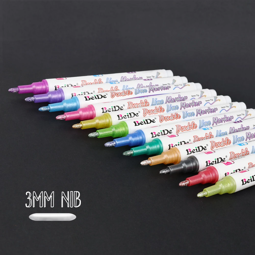 Outline Pens Metallic Markers 12 Colors Double Line Pen for Greeting Cards, Craft, Posters, Painting, Sketching, Child Color Pen