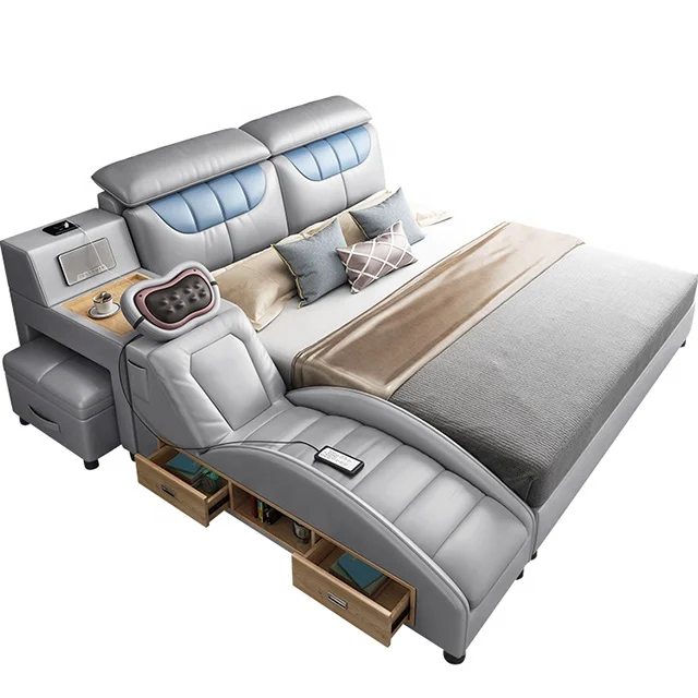 Intelligent china factory wholesale design solid wood frame manufactured leathers bed with wireless charging stand function