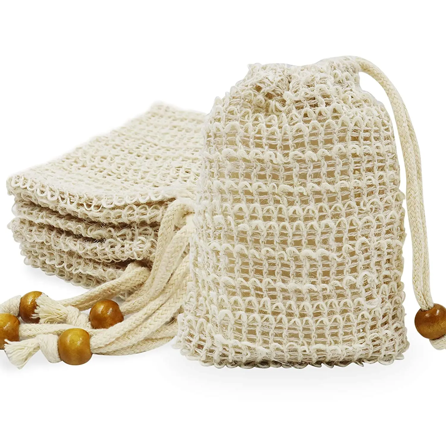 
Custom Exfoliating Drawstring Natural Sisal Soap Saver Pouch Mesh Bag for Shower 