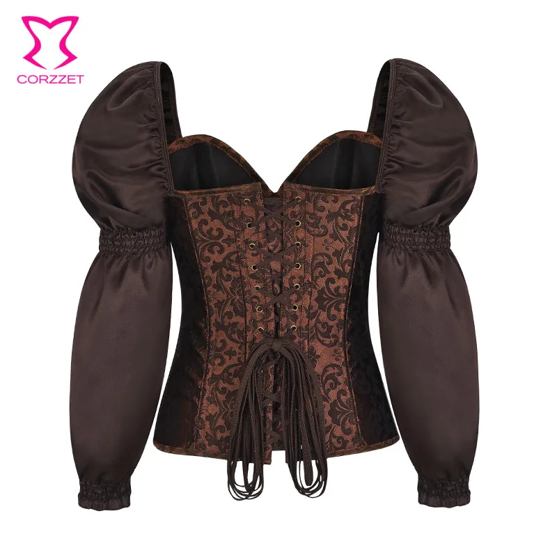Brown Lantern Long Sleeve Steampunk Steel Boned Women Corset Sexy Waist Trainer Bustier Tops Vintage Gothic Clothing Plus Size