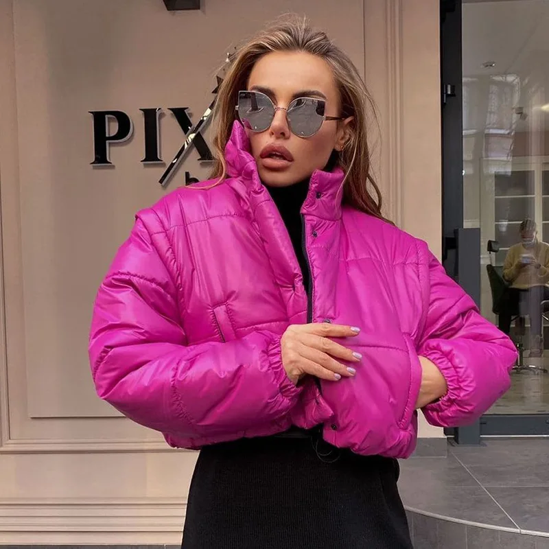 New design detachable long sleeve puffer vest shinny stand collar bubble coats winter cropped women puffer vest