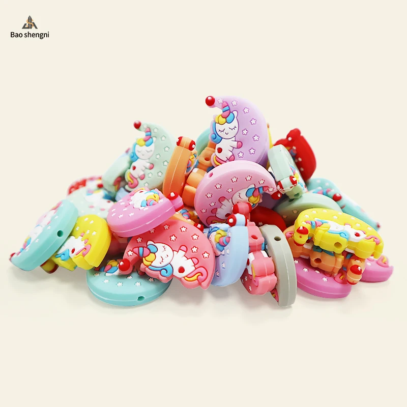 Unicorn Shape Silicone beads teeth baby toy silicone focal beads Food grade Cartoon Baby Teether DIY Beads