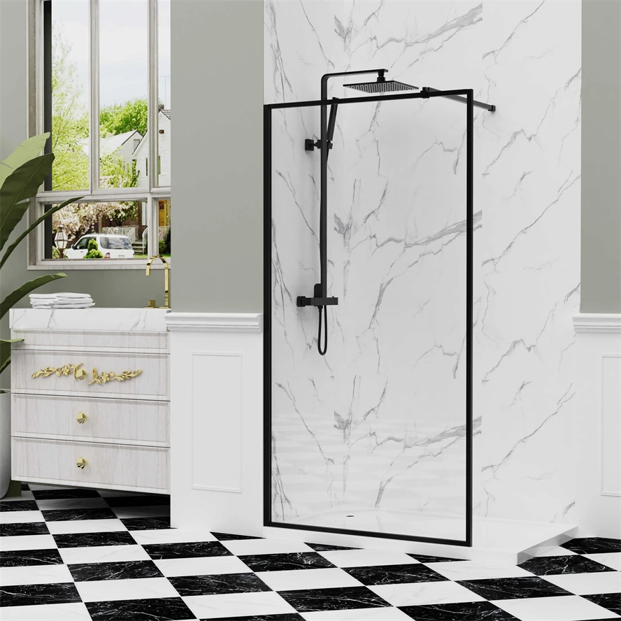 Oumeiga Double Bypass Bathroom Tempered Glass Shower Enclosure 8mm Thick Frameless Black Sliding Shower Door Hotel Shower Panel