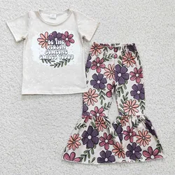 RTS Short Sleeve Adorable Be The Reason Someone Smile Today Popular Floral Print Bell-Pants Toddler Clothing Fashion Baby Set