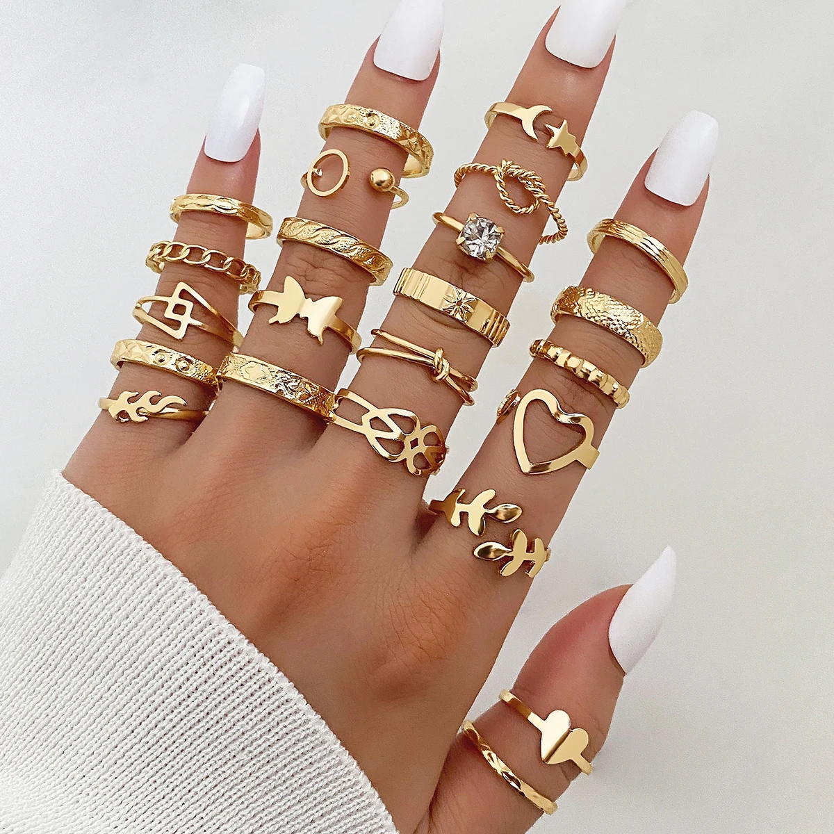 23pcs/set Trendy Geometric Gold plated Crystal Finger Ring Set Punk Diamond Chunky Pearl Rings Set For Women Jewelry Gift