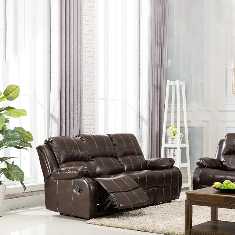 Living Room Furniture Three Seat Synthetic Leather Brown Strong Armrest Home Theater Recliner Sofa Modular Manual Recliner Chair