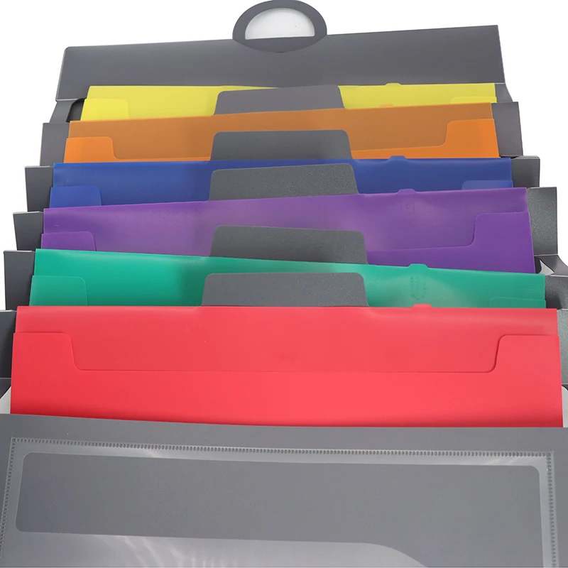 PP plastic hanging wall file organizer 6 pocket expanding folder with elastic band and a clear pocket on the front cover