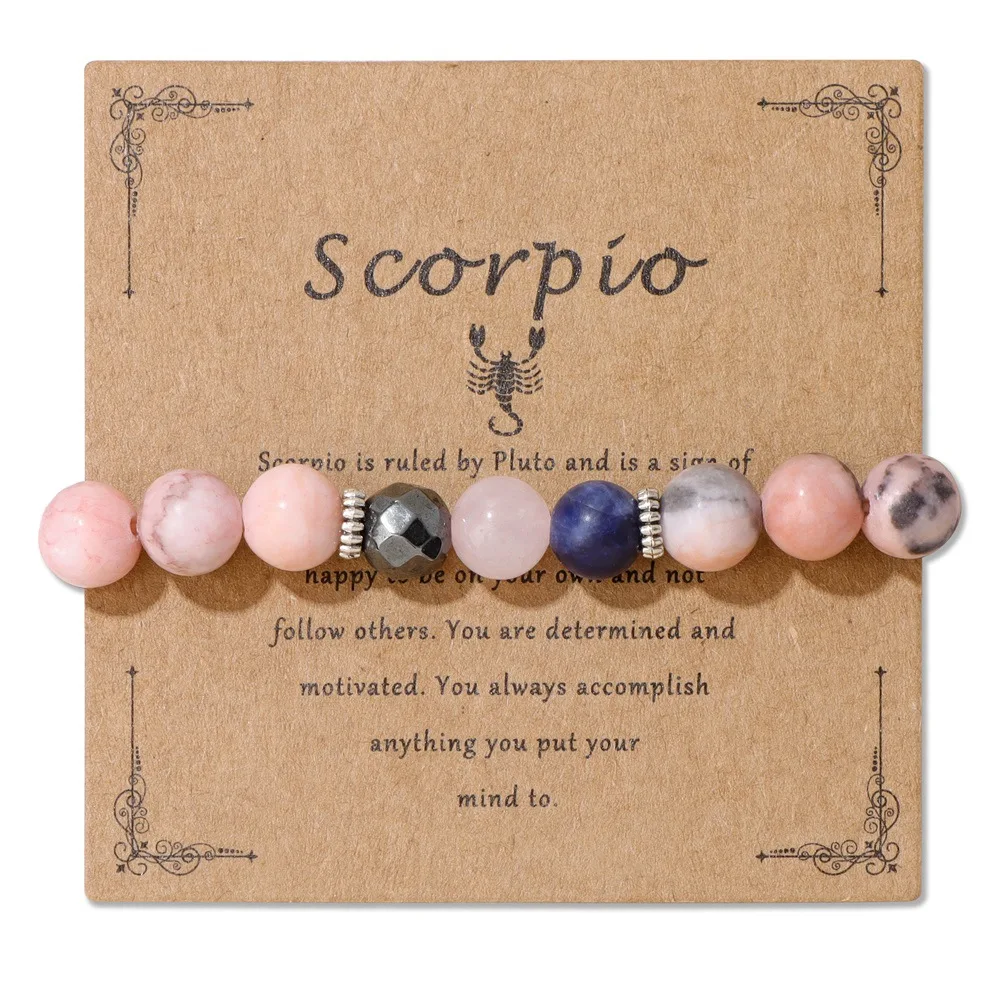 In Stock Wholesale Couple 12 Zodiac Sign Bracelet Astrology Jewelry Pink Zebra Natural Stone Bracelets