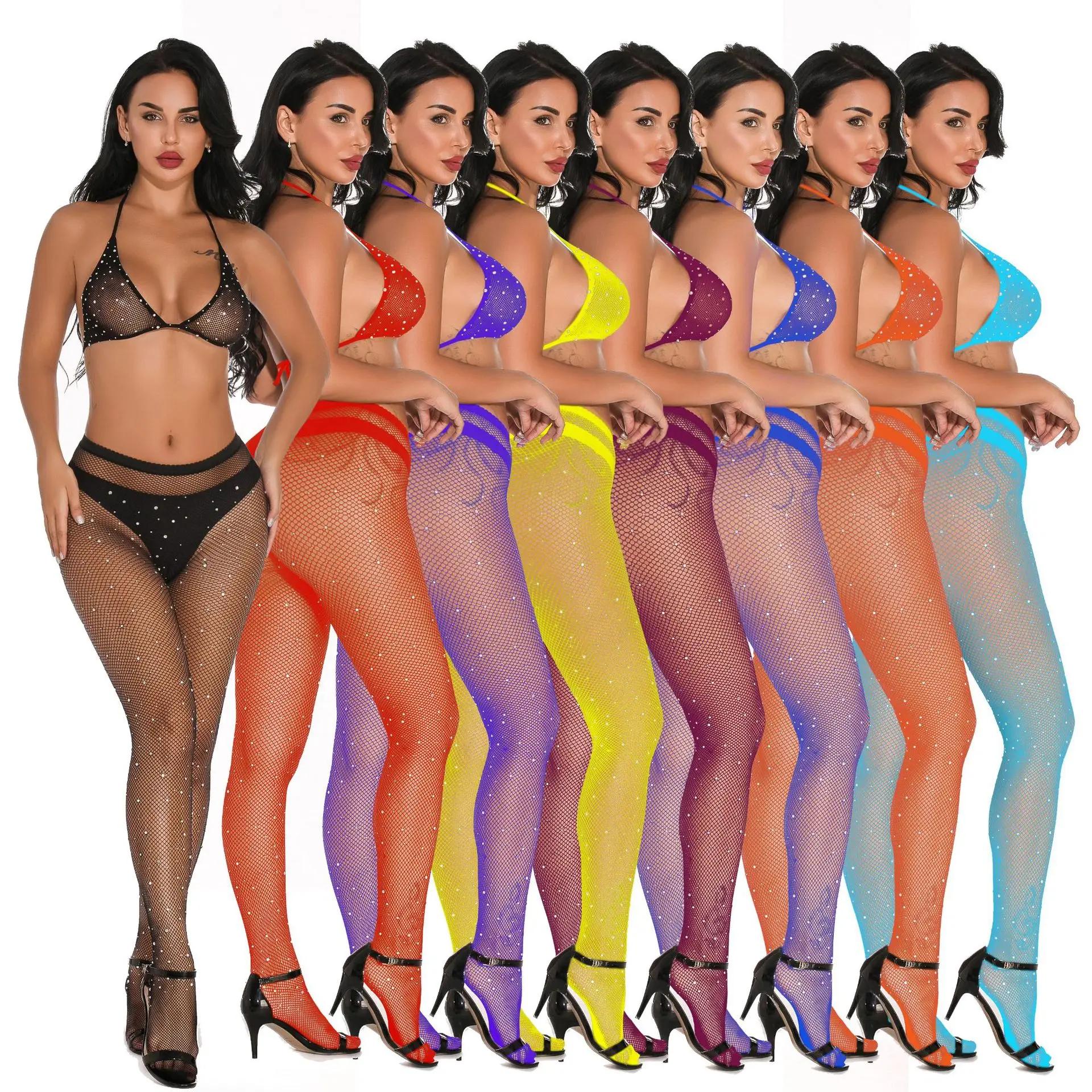 W-S1139A Ladies Sexy Diamond Pantyhose Shiny Fishnet Stockings Women Slim Rhinestone Mesh Nylon Stockings Tights