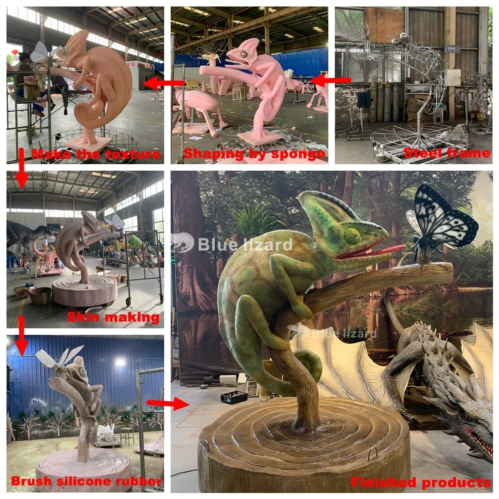 Customized Cartoon Animatronic Animal Statue Realistic Simulation Lizard Chameleon Model