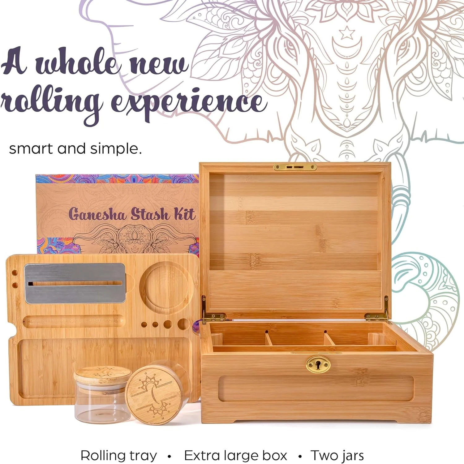 Bamboo Stash Kit, Storage Box, Rolling Tray, Rolling Kit, Rolling Tray Box with Lock, Smell Proof Box, Lock Box