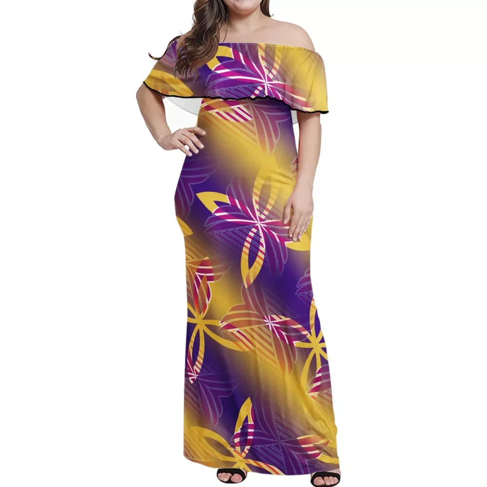 Drop Shipping High Quality Women One-Shoulder Dresses Polynesian Samoan Tattoo Designs Plumeria Female Frill half Shoulder Dress