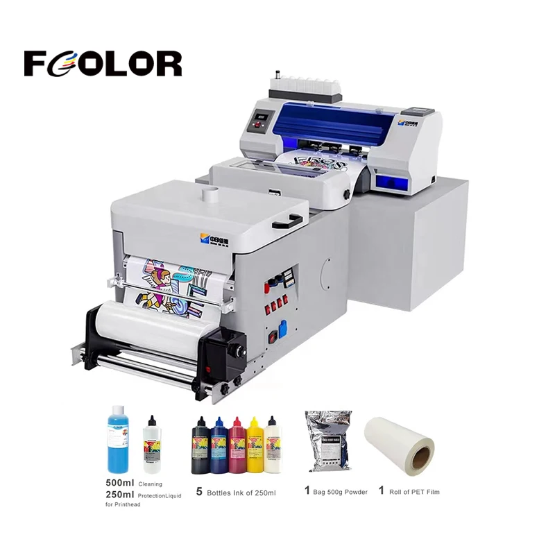 FCOLOR DTF Printer T-shirt Heat Transfer Paper Film Printing Machine DTF Printer 2 Head Automatic Powder Recycling