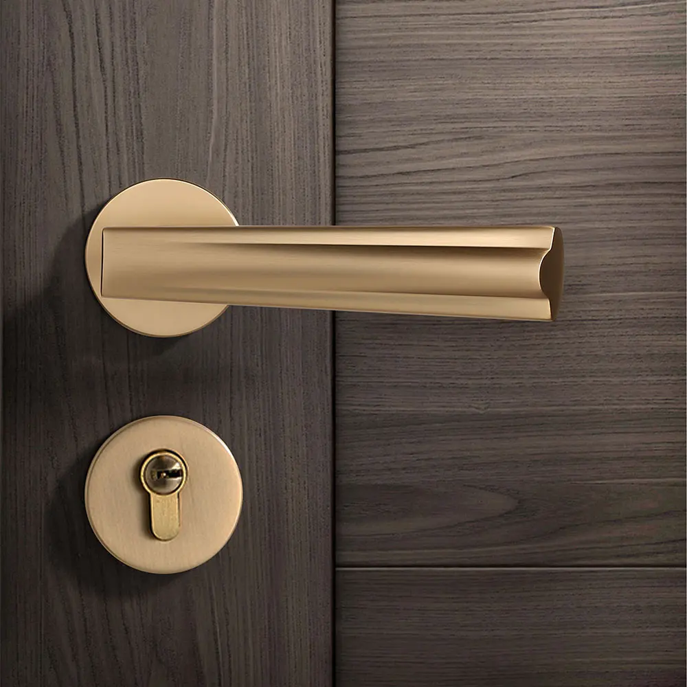 Filta Minimalist Brushed Brass Wooden Door Locks Handle Brushed Gold Door Handles For Bathroom