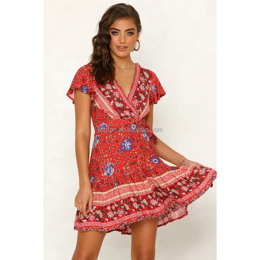 Custom Print Dress Low Moq With Image Mockup Summer V-neck Sexy Bohemian Positioning Printed Dresses Short Skirt For Women Girl