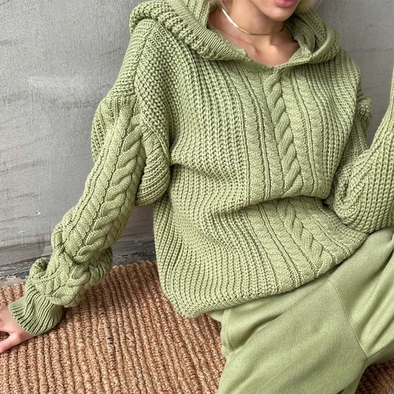 B27504 - quality winter and fall warm sweater knit hooded solid color long sleeve women t shirts