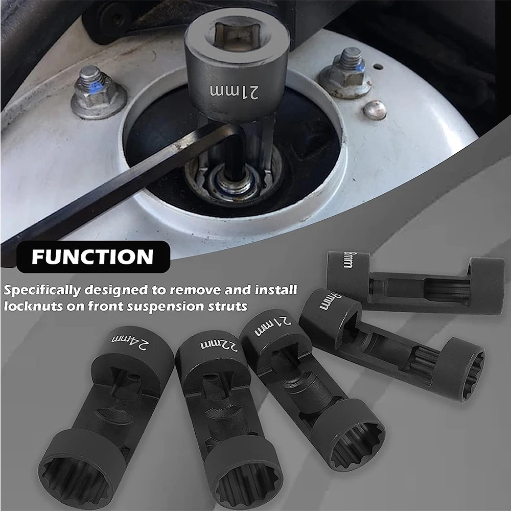 5Pcs 12 Point Suspension Strut Socket Chrome Vanadium Steel Strut Nut Socket Set 1/2in Drive 1824mm for Car Repair Tool