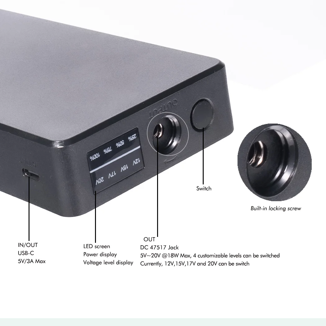 Customizable 15000mAh USB-C 5V-20V DC Port Power Bank 4 Adjustable Output Voltages Support Two-Way Fast Charging Air-Conditioned