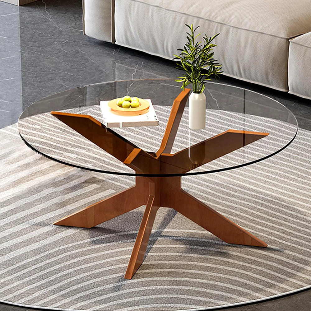 New Design Living Room Furniture Dark Gray Round Glass Top Coffee Table with Wooden Legs