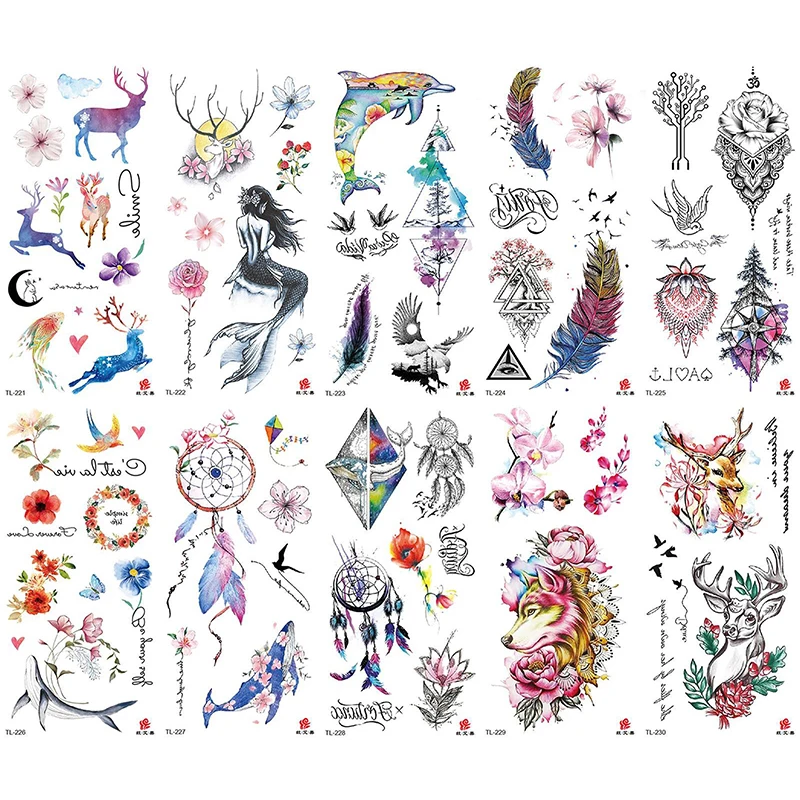 Красивая Временная тату-наклейка, элегантные женские полурукава, боди-арт, Водные Переводные трафареты с животными, цветами, акварелью