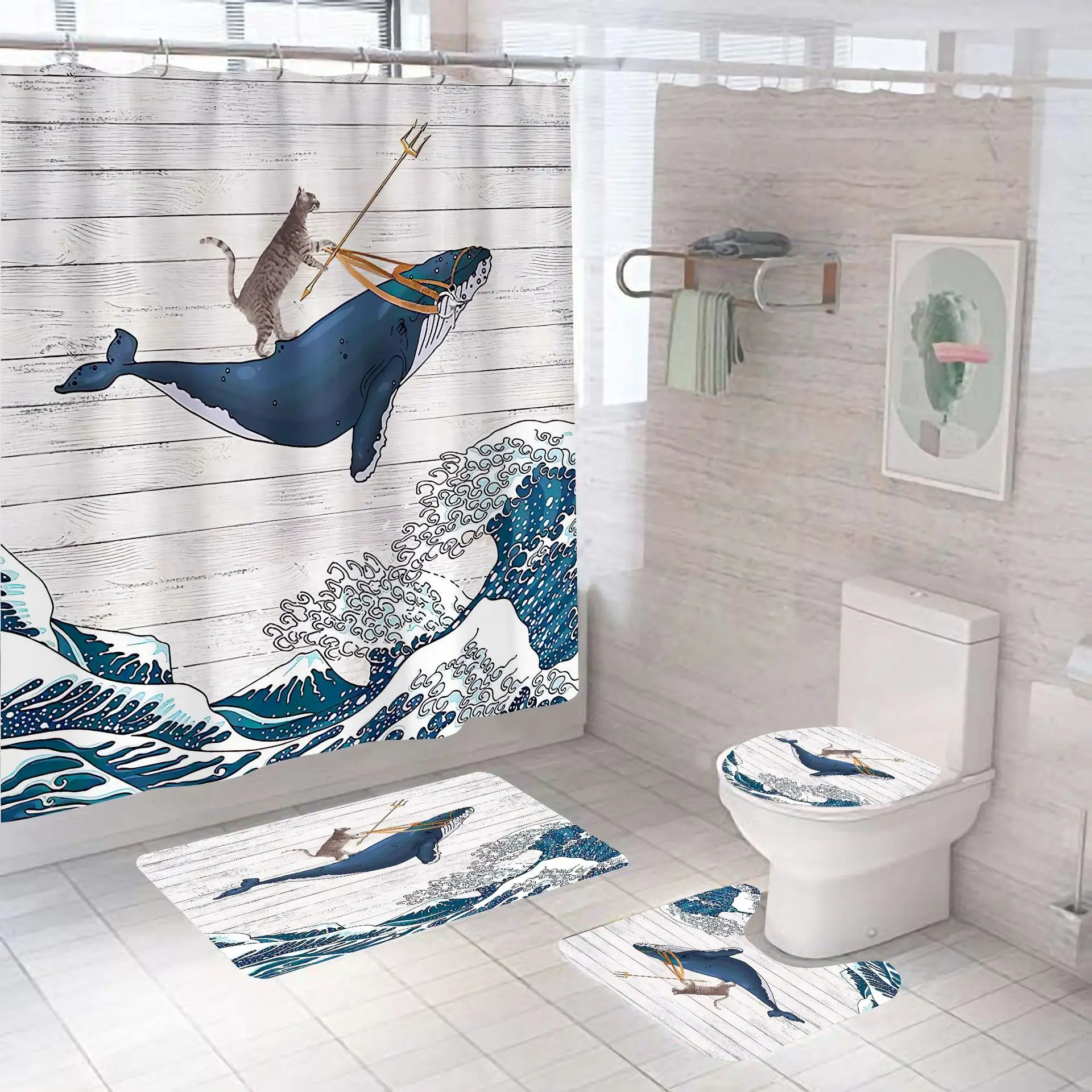 Custom cat whale cartoon washable bathroom curtain plus shower curtain,bathroom rug and shower curtain set with hooks