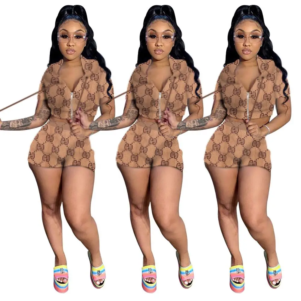 
MD-82503 new arrivals 2020 Printing hooded short top and short pants casual 2piece suits zipper desgin women sets 