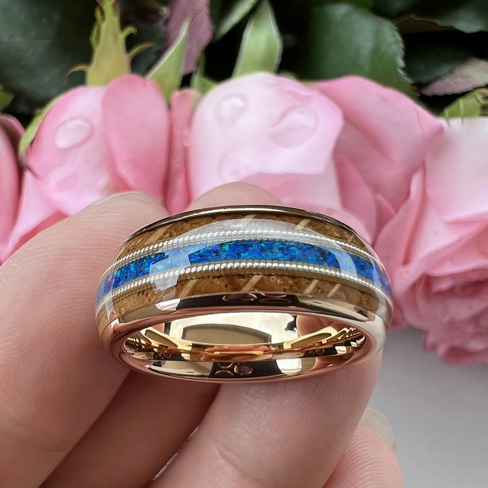 Coolstyle Jewelry 8mm Whisky Wood Guitar String Blue Opal Inlay Rose Gold Tungsten Ring for Men Women Engagement Wedding Band