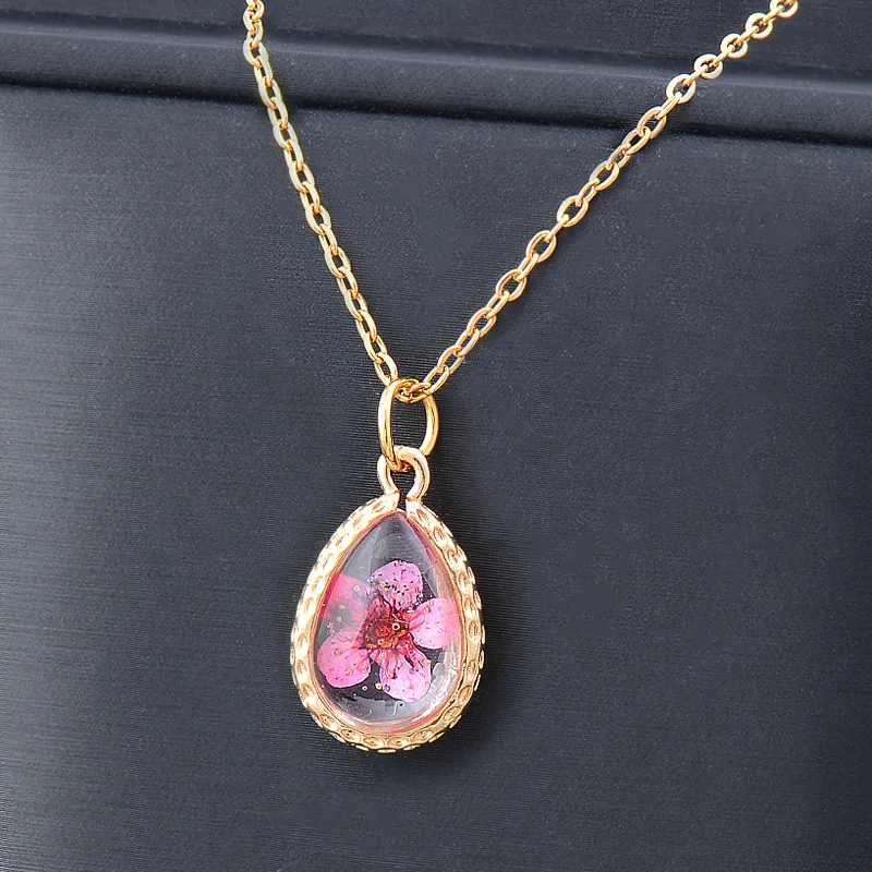 2023 New Product Fashion Multi-color Drop-shaped Pendant Dry Botanical Jewelry Dried Flower Resin Jewelry Necklaces