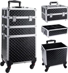 Rolling Makeup Train Case 3 in 1 Cosmetic Case Professional Makeup Suitcase Large Aluminum Cosmetic Trolley with Swivel Wheels