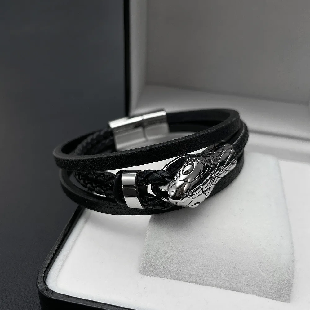 Magnetic Clasp Python Snake Charm Mens Black Braided Genuine Leather Bracelet