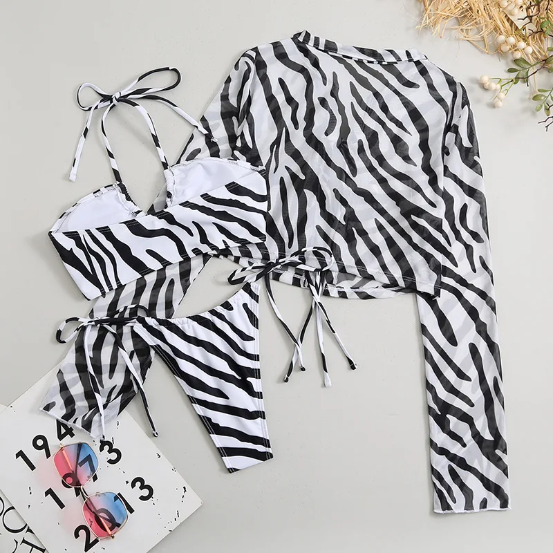 Summer Long Sleeve Mesh Transparent Bikini Micro Mini Lace up Printed Bikini Women 2023 Bikinis Set Woman Swimwear Beachwear