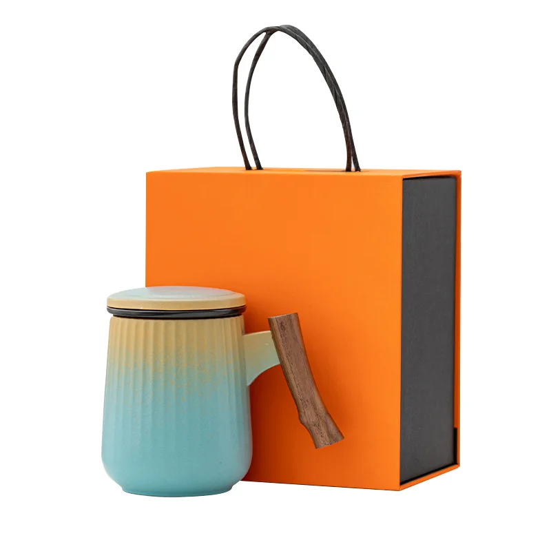 Wholesale customize logo wood handle coffee tea mug ceramic mug with lid Gradient color water cup with wooden handle