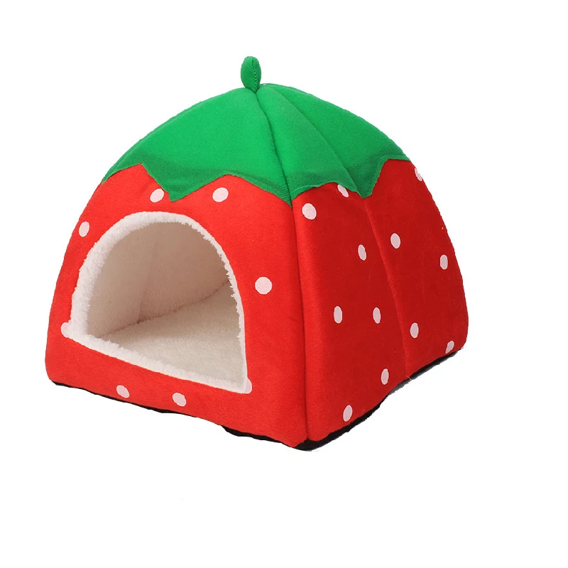 Foldable Strawberry Shape Cat Bed House Velvet Warm Sleeping Bed Portable Soft Plush Pet Kennel Nest Cute Pet Beds