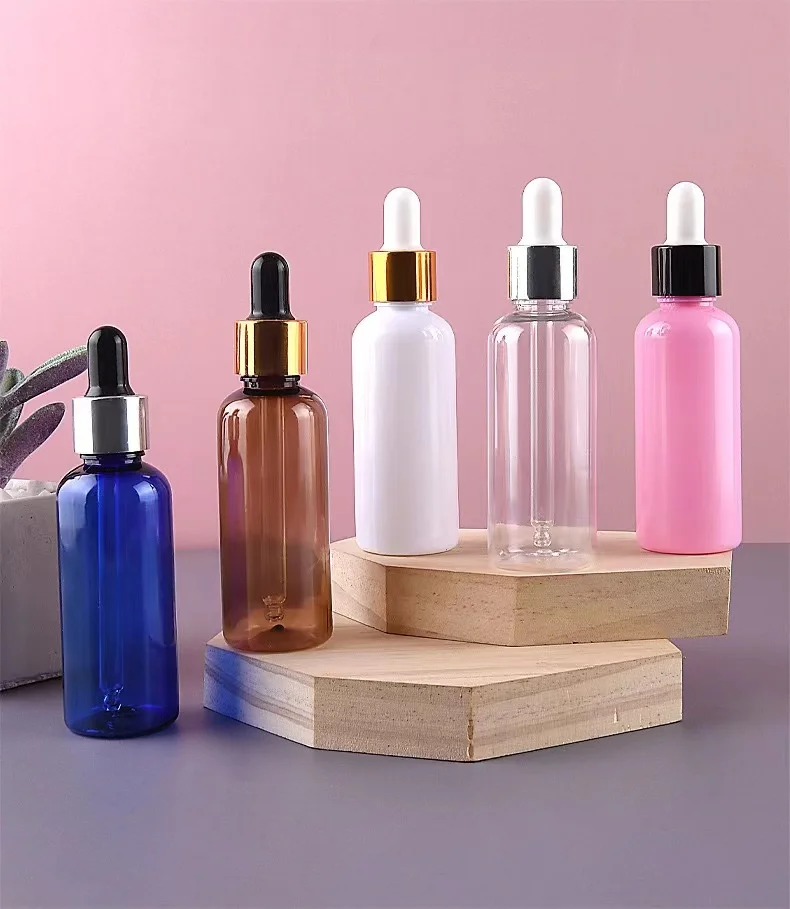 50ml 100ml luxury electrochemical aluminum PET2oz round essential oil serum plastic dropper Cosmetic dispenser empty bottle