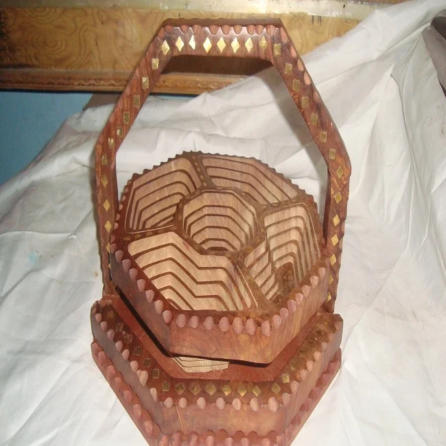 Antique Sheesham Wooden Carved Brass Inlay Dry Fruit Basket Manufacturer From Rural India