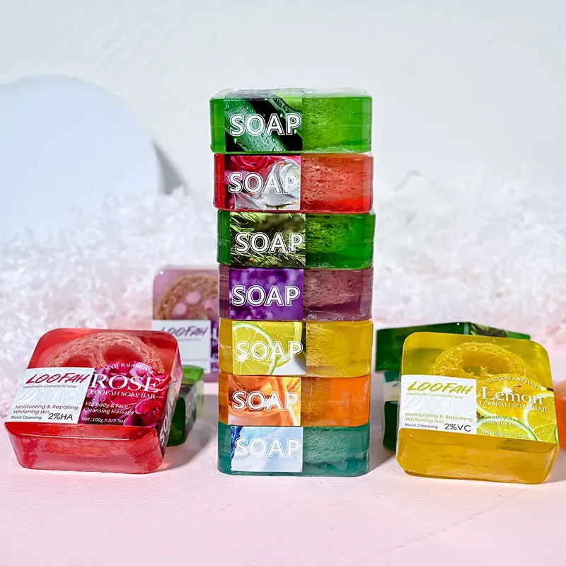 No Logo 100g Natural Organic Handmade Essential Oil Soap Face Body Wash Bar Loofah Soap Skin Brightening Acne Bar