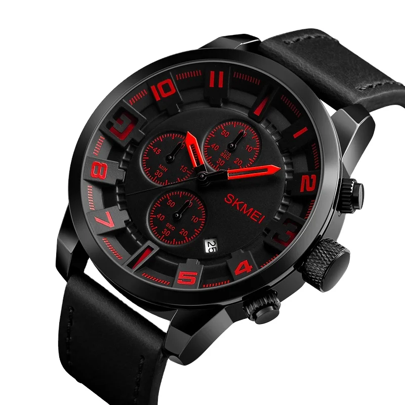 OEM accept SKMEI mens Watches Men Big Dial Stopwatch Leather Strap Waterproof  Male Clock  Men Fashion Watch Relogio Masculino