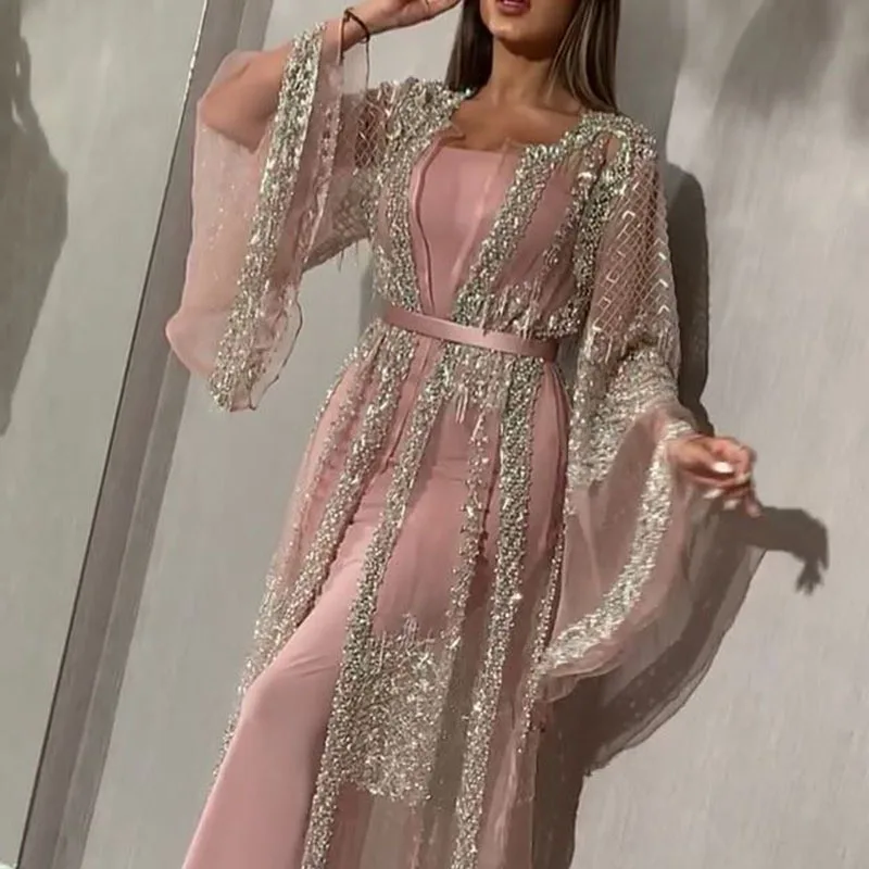 Plus Size Long Sleeve Sequined Evening Dress Sexy Mesh Suit Gown Prom Dresses  Y2K