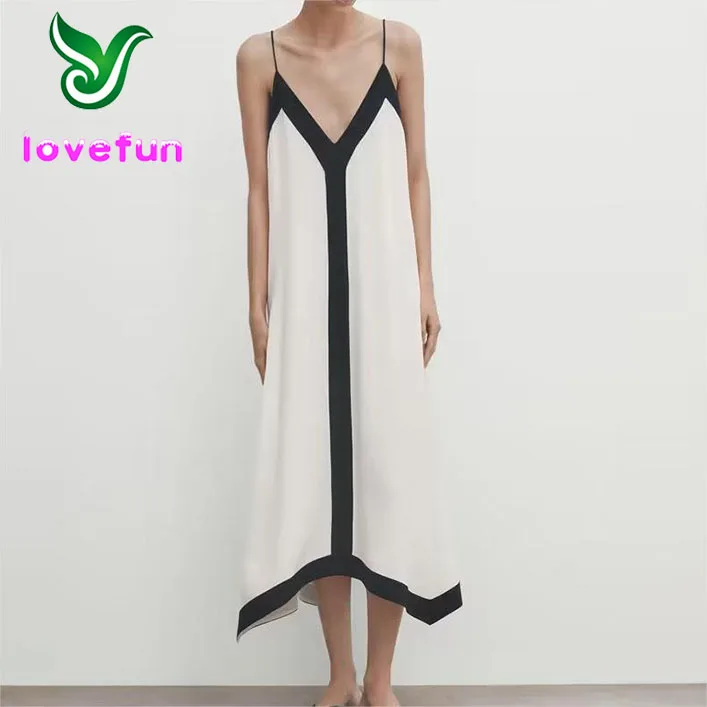 New Fashion 2024 Good Quality Summer Resort Style Contrast Color V-Neck Strap Sleeveless Loose Casual Dress