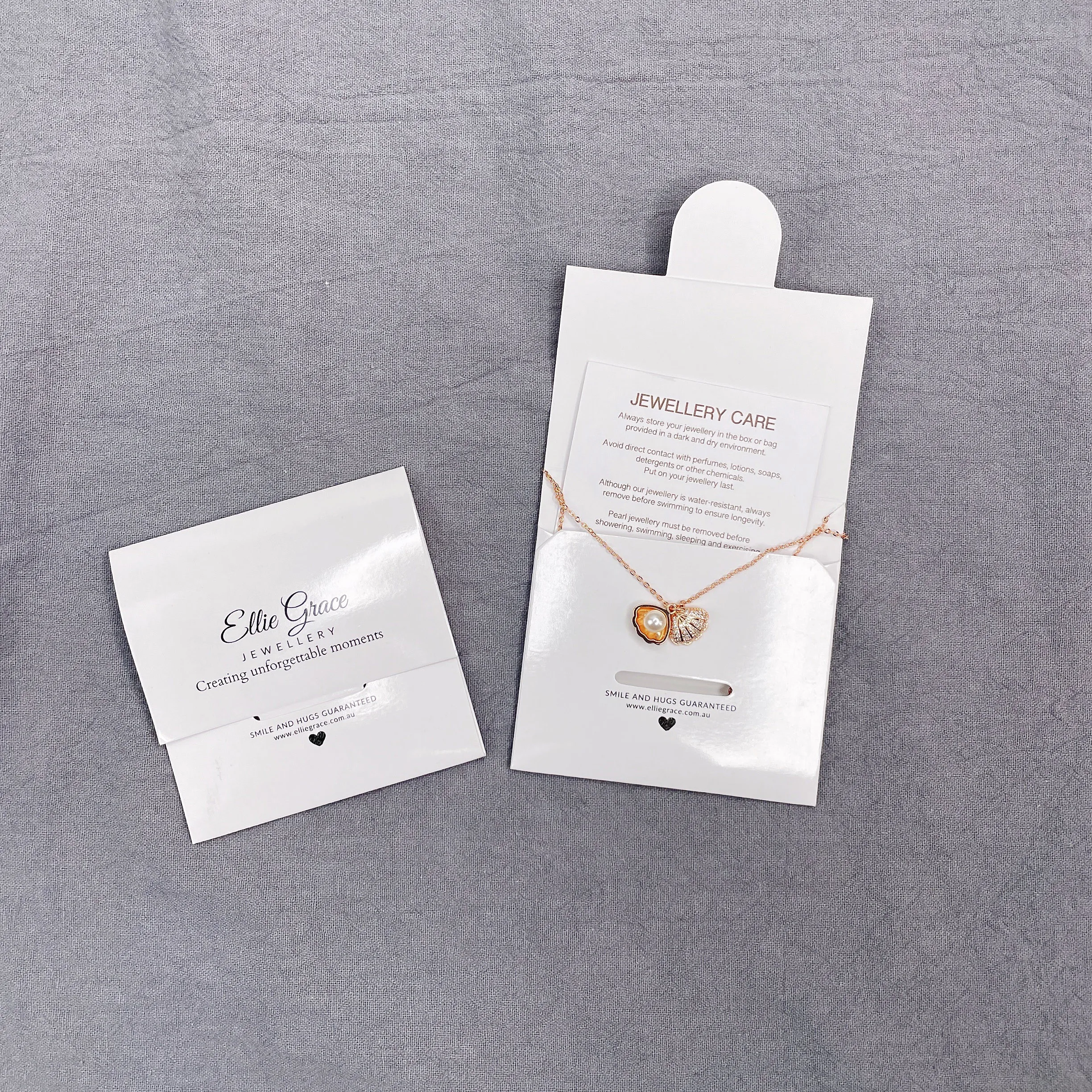 Custom logo glossy jewelry envelope packaging care instruction cards necklace package pouch cards for small business