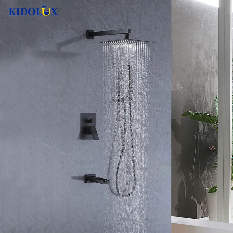 Black Built In Wall Mounted Concealed Stainless Steel Showers Systems Squared Inwall Shower Set Mixer Thermostatic For Bathroom