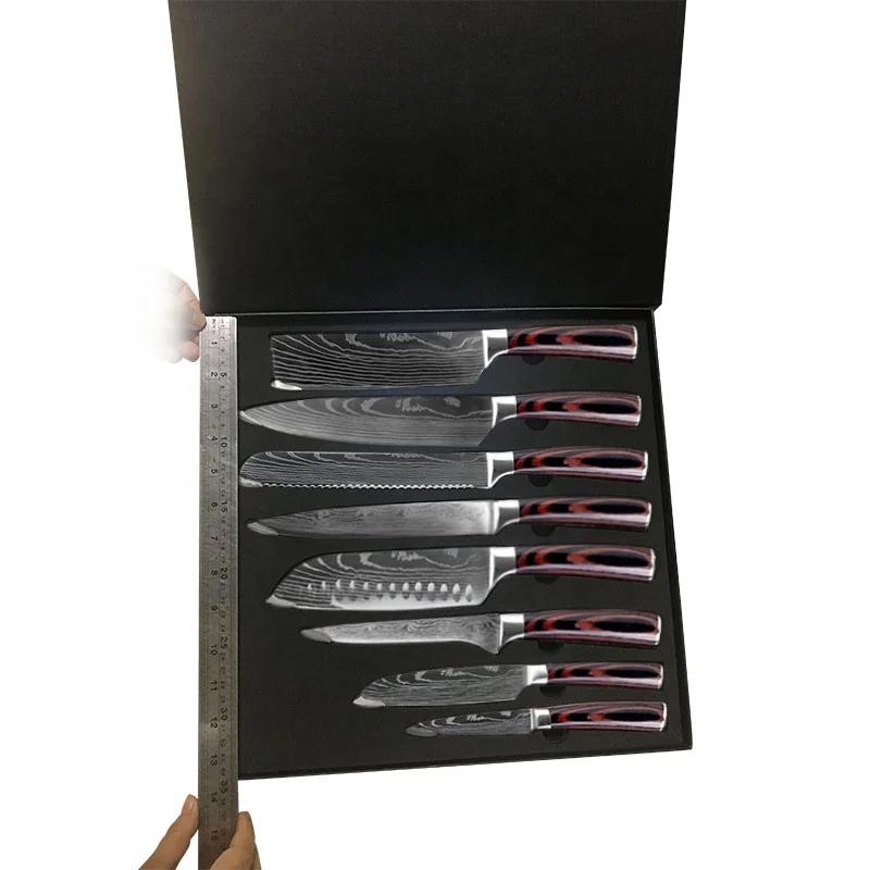 Набор кухонных ножей из японской нержавеющей стали для шеф-повара, инструмент сантоку для нарезки, набор ножей с лазерным узором, 8 шт. ножей из дамасской стали