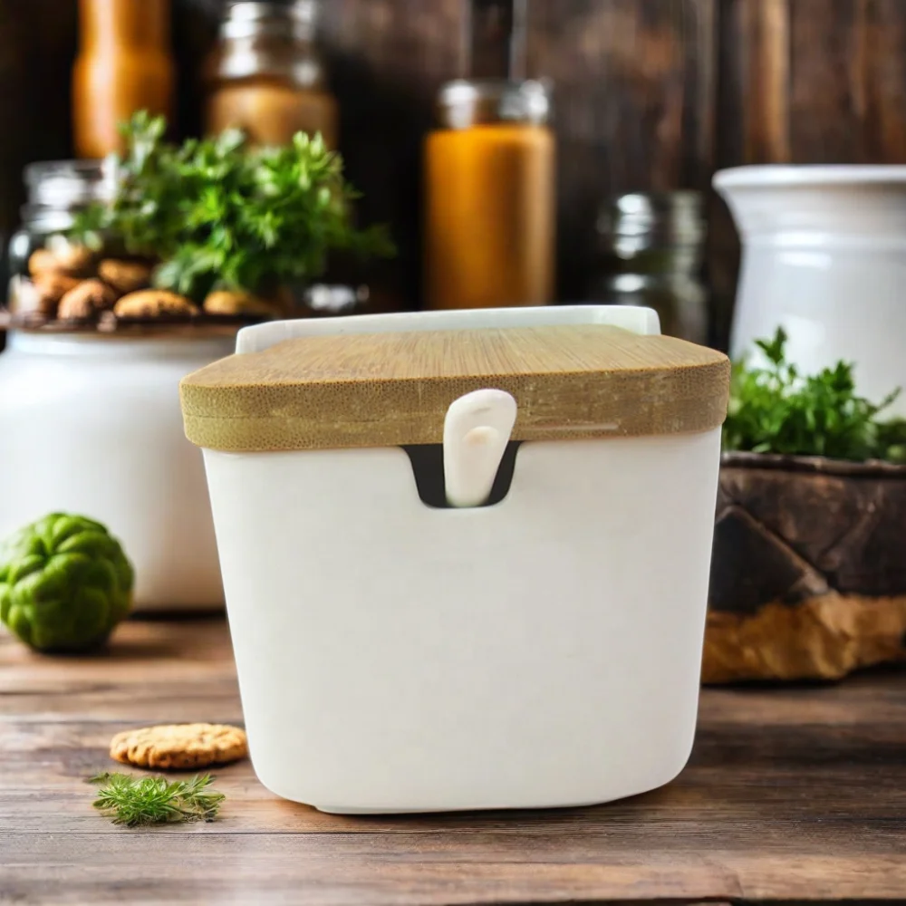 Hot Sale 2L Ceramic Cookie Jar Porcelain Storage Jar with Lid Wood Kitchen Canister Set Food Container Wholesale