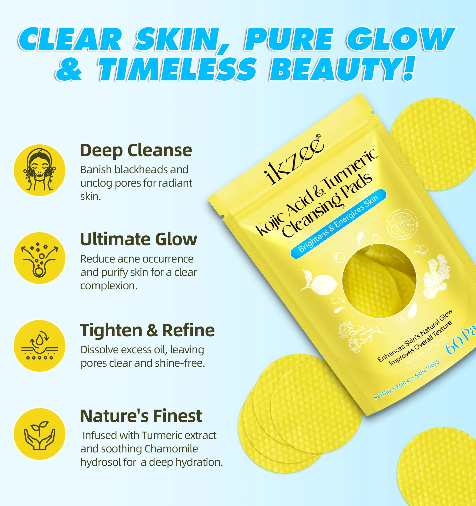 Ikzee 60 Pads Face Wash Products Turmeric Cleansing Pads and Whitening Exfoliating Kojic Acid Face Cleanser Pad for Acne Pore